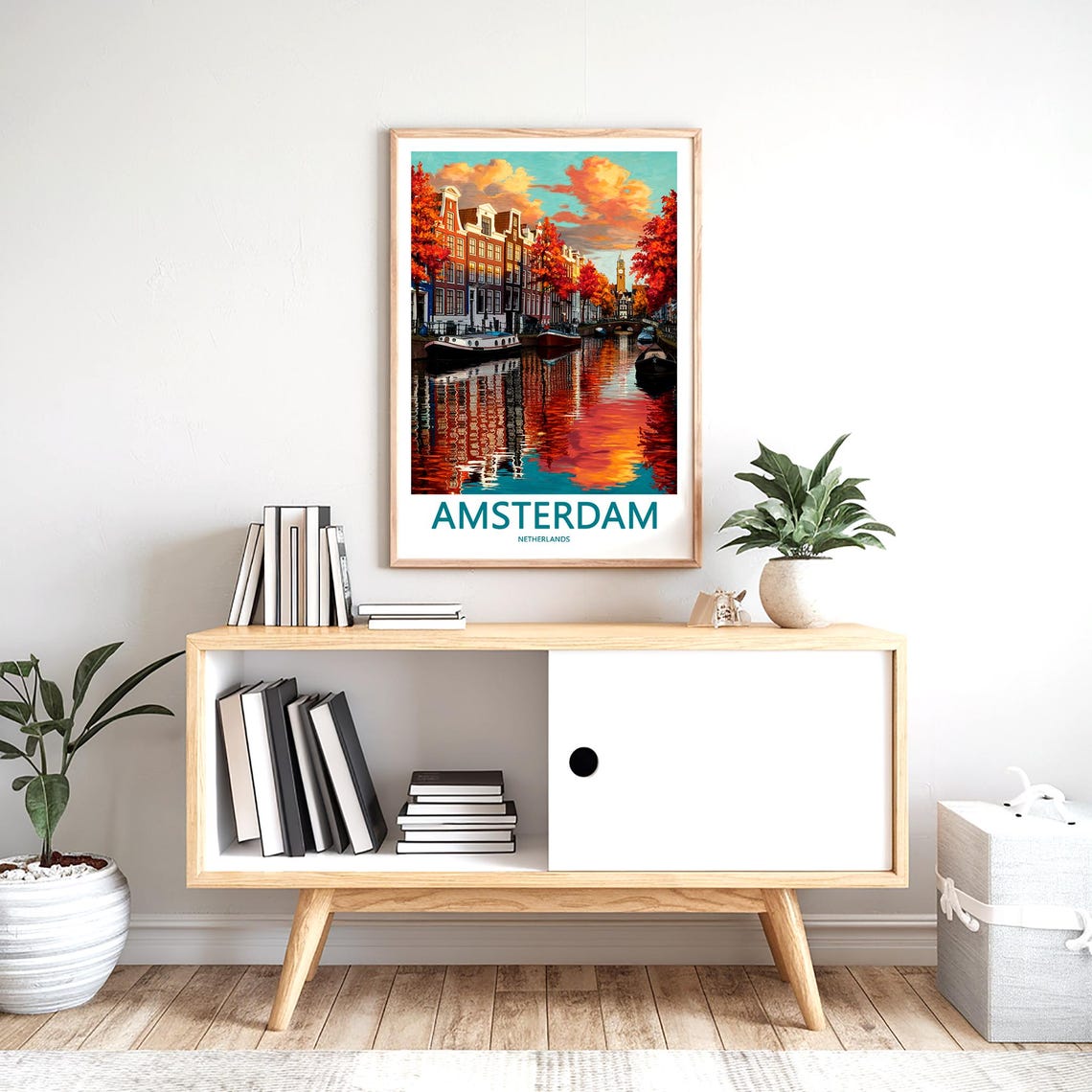 Amsterdam Canal Reflection Houseboats Orange Trees Art Poster - Image 2