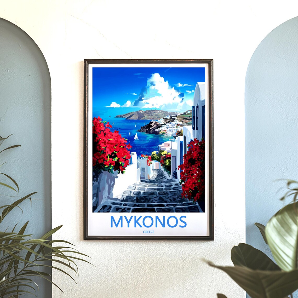 Mykonos Wide Steps Harbor Boats White Town Greece Art Poster - Image 3