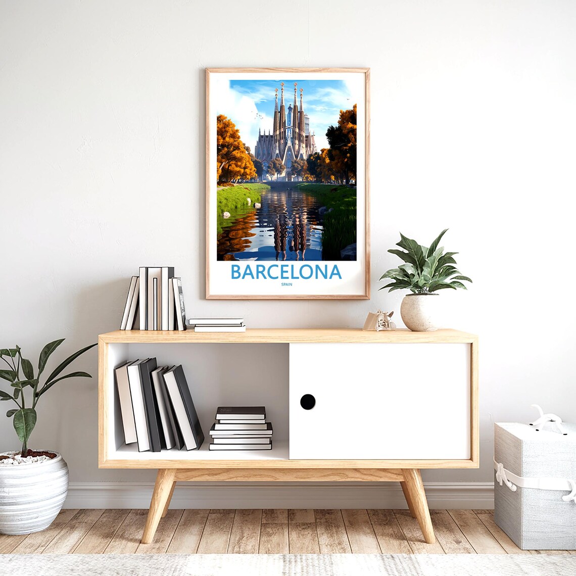 Barcelona Sagrada Família Anime River Reflection Golden Art Poster - Image 2