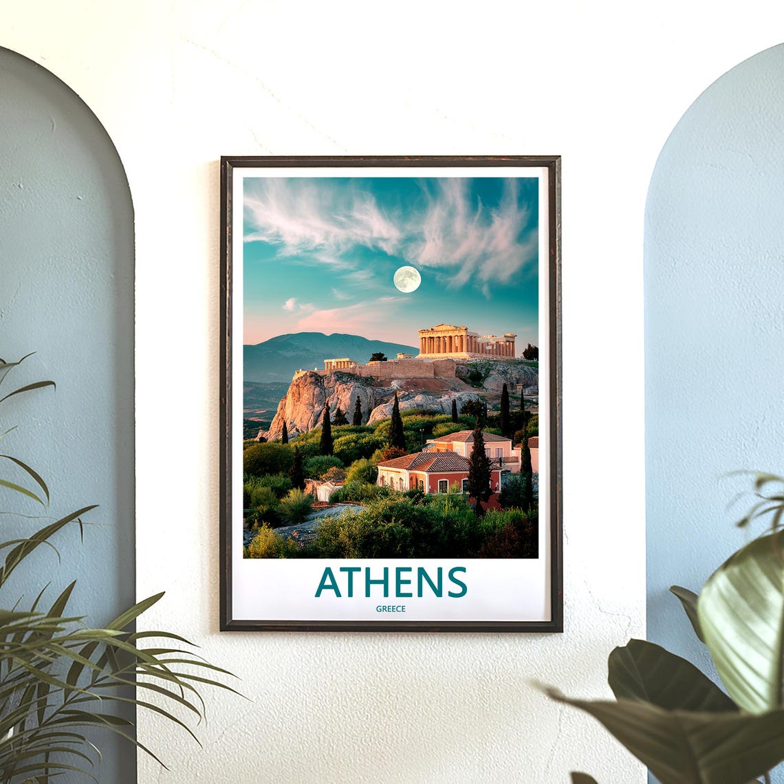 Athens Acropolis Under Full Moon in Teal Dusk Sky Photo Poster - Image 3