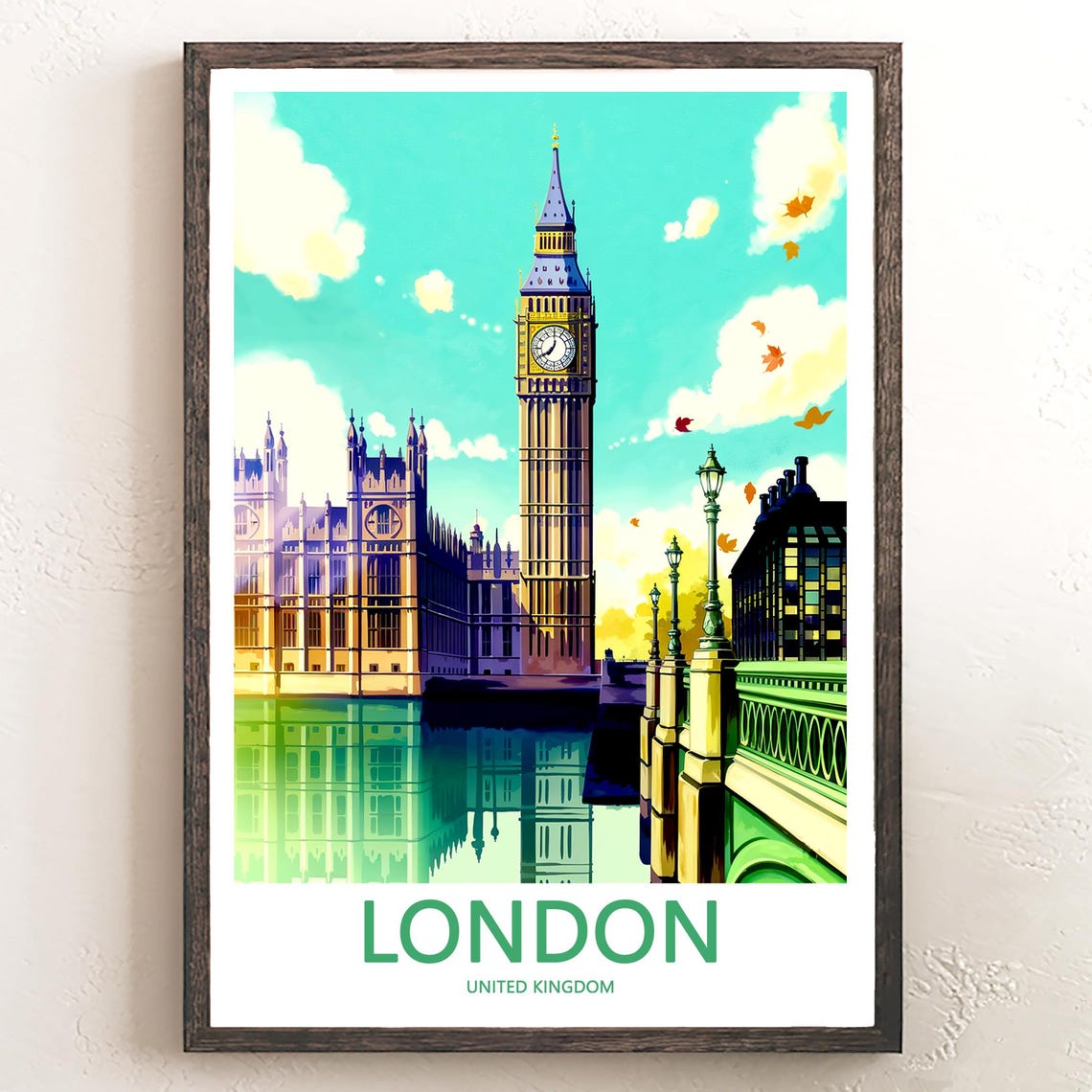 Big Ben Westminster Bridge Autumn Leaves Illustration Poster