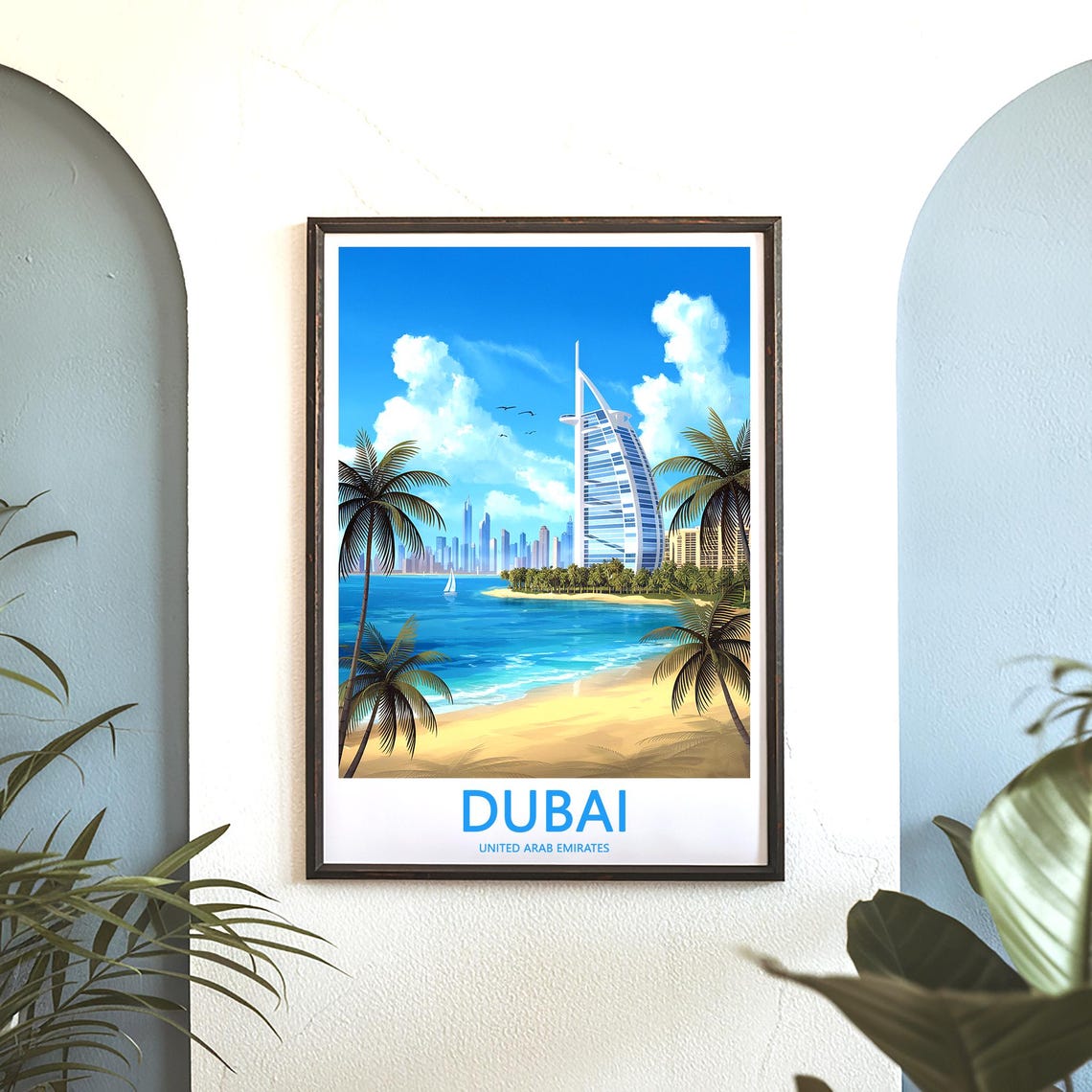 Dubai Burj Al Arab Beach View Palm Trees Sailboat Travel Poster - Image 3