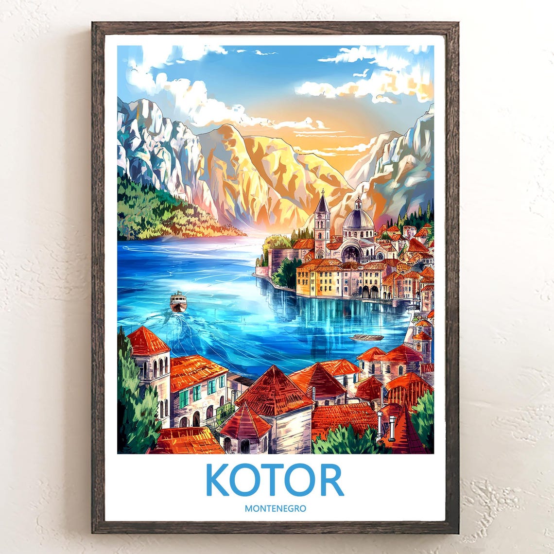Kotor Montenegro Bay Golden Cliffs Waterfront Painted Travel Poster