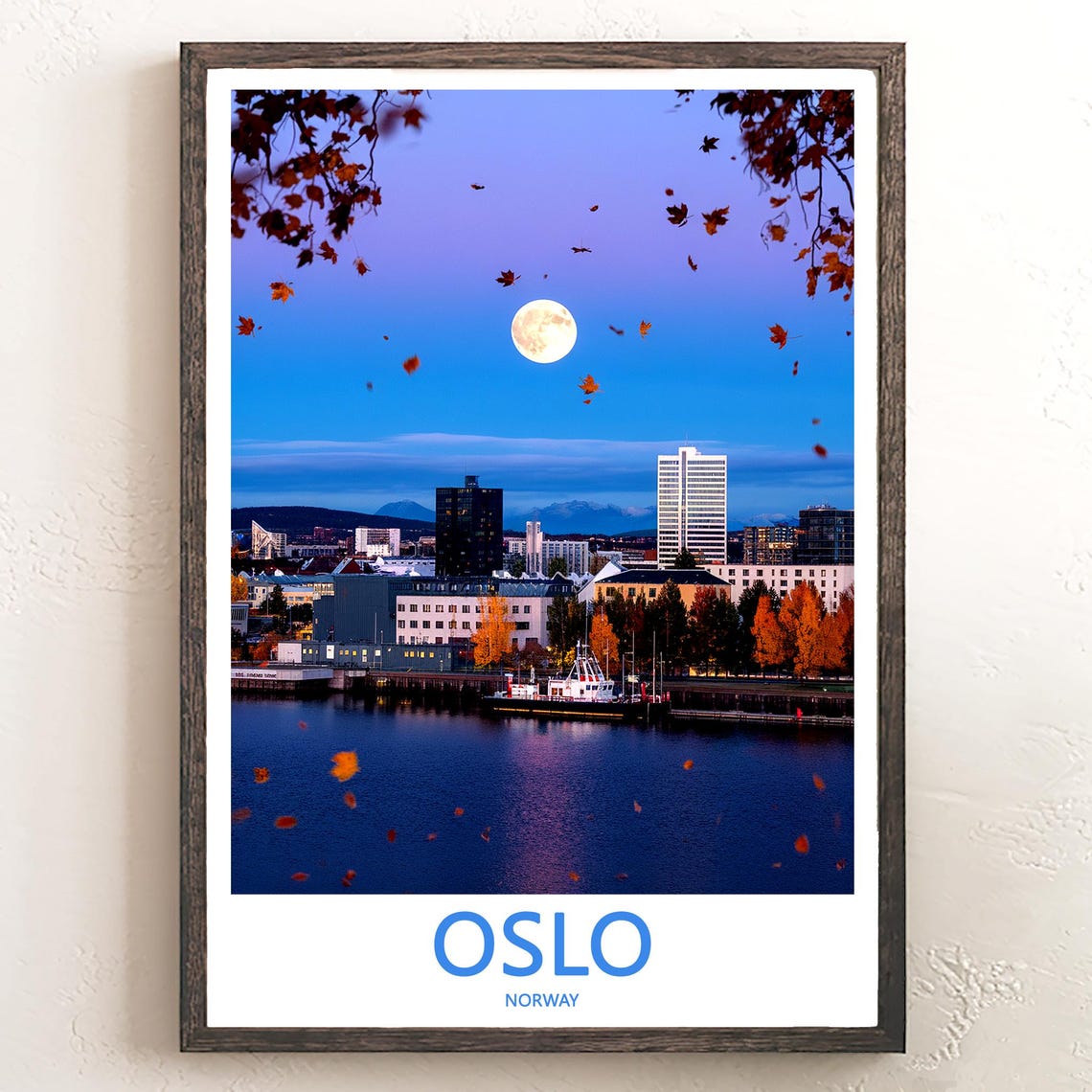 Oslo Moonlit Autumn Harbor with Falling Leaves Travel Poster