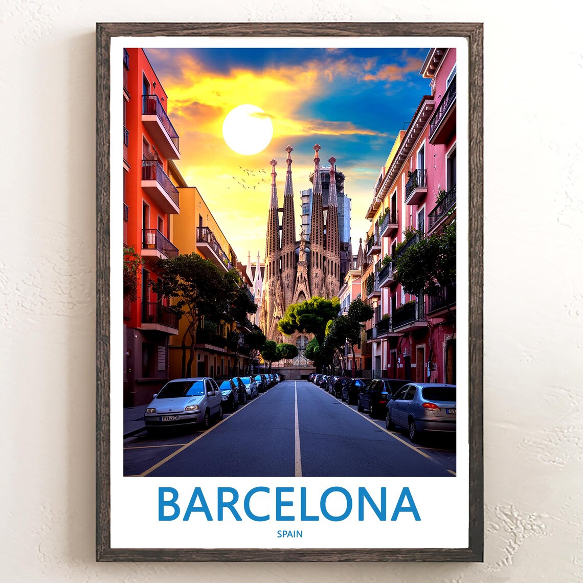 Barcelona Sagrada Familia Street Sunset Photo White Sun Travel Poster