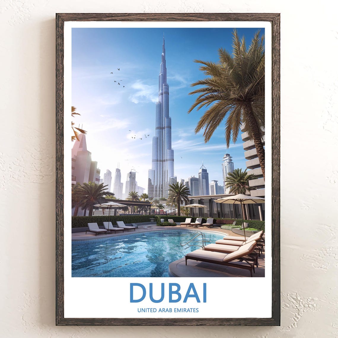 Dubai Burj Khalifa Poolside Terrace with Palm Tree Photo Poster