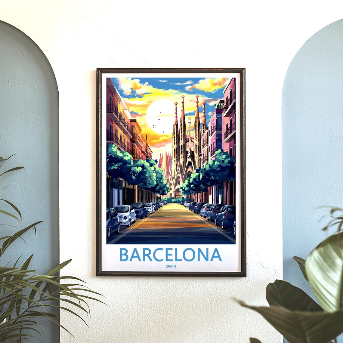 Barcelona Sagrada Familia Street Golden Sunset Birds Travel Poster - Image 3