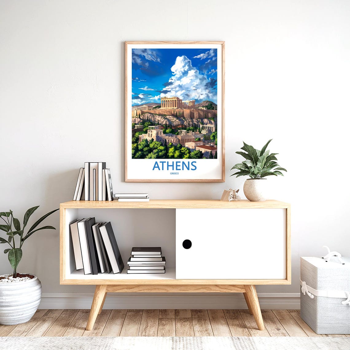 Athens Acropolis Dramatic Clouds Green Hills Illustrated Poster - Image 2