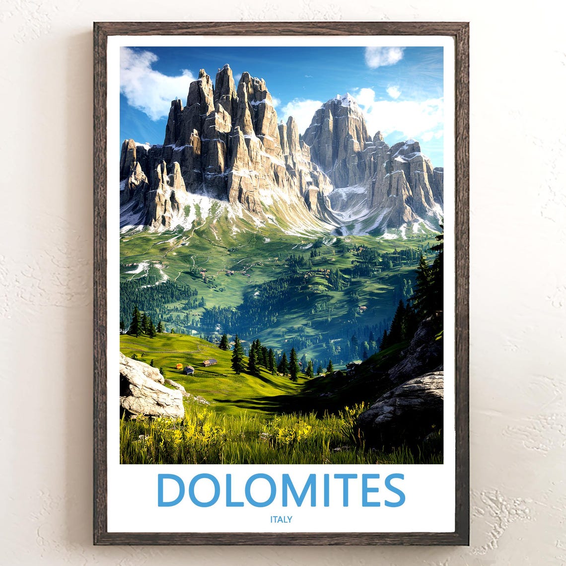 Dolomites Sharp Peaks above Green Slopes Italy Travel Poster