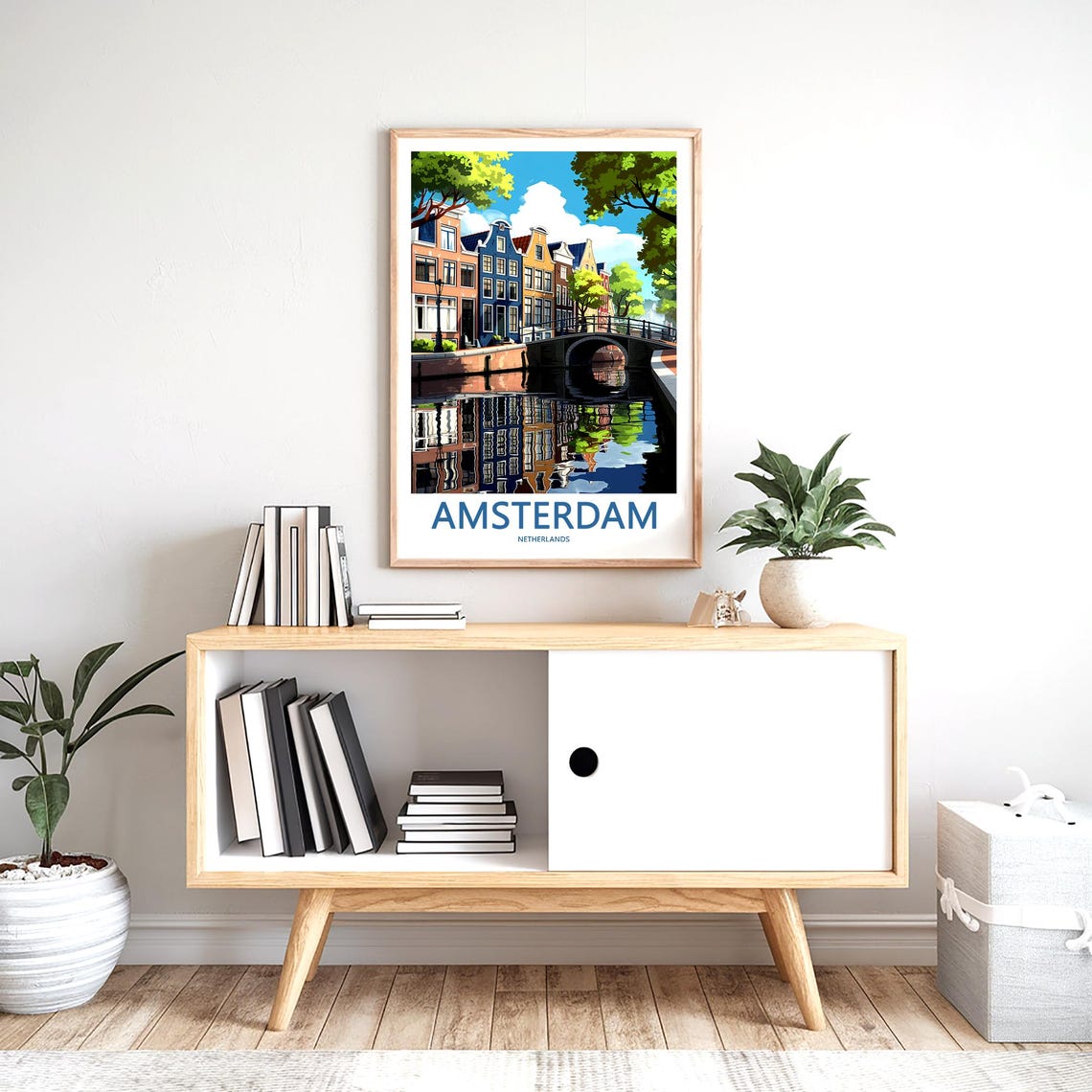 Amsterdam Illustrated Canal with Colorful Gabled Houses Bridge Poster - Image 2