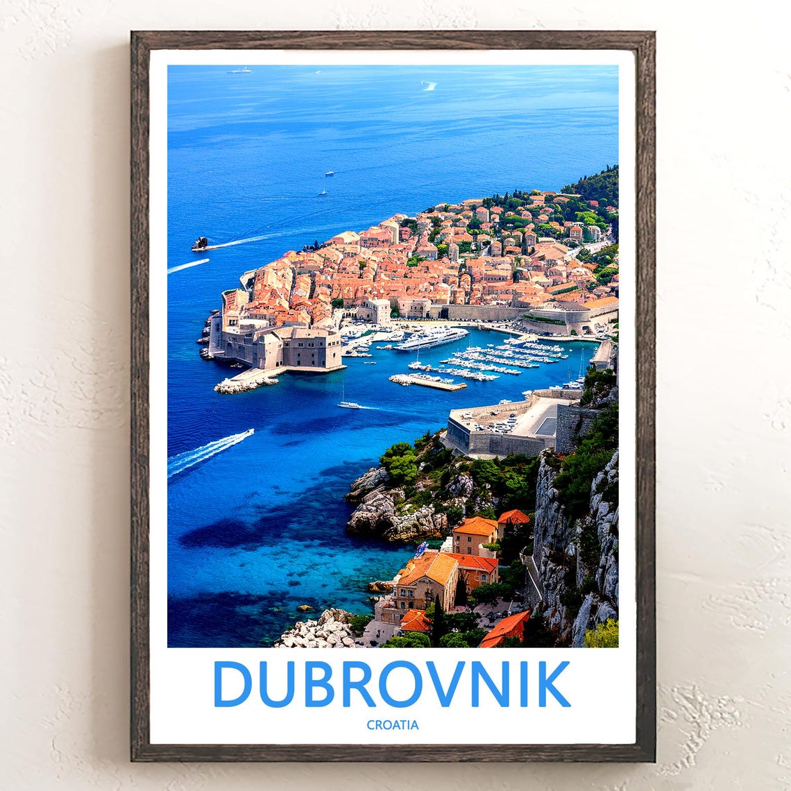 Dubrovnik Croatia Cliffside Harbor Aerial Bright Blue Sea Poster