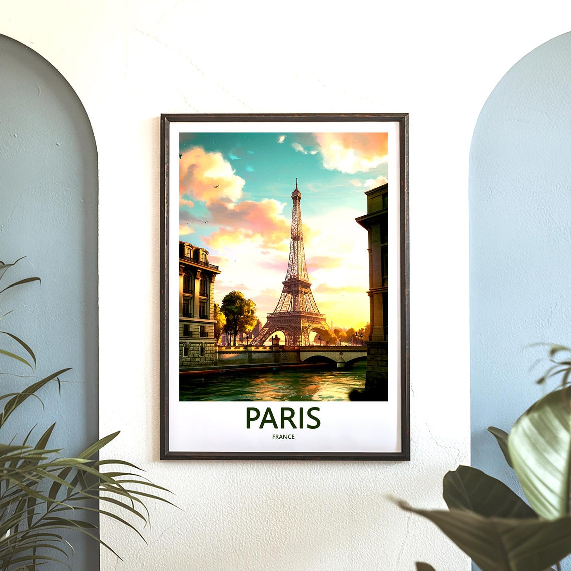 Eiffel Tower Between Buildings Over the Seine at Pastel Sunset Poster - Image 3