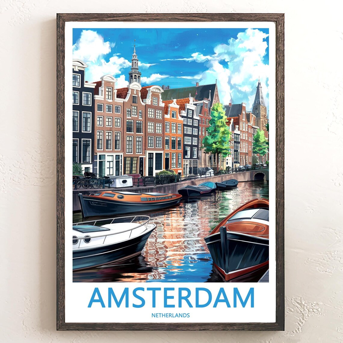 Amsterdam Canal Daytime Boats Gabled Houses Illustrated Poster
