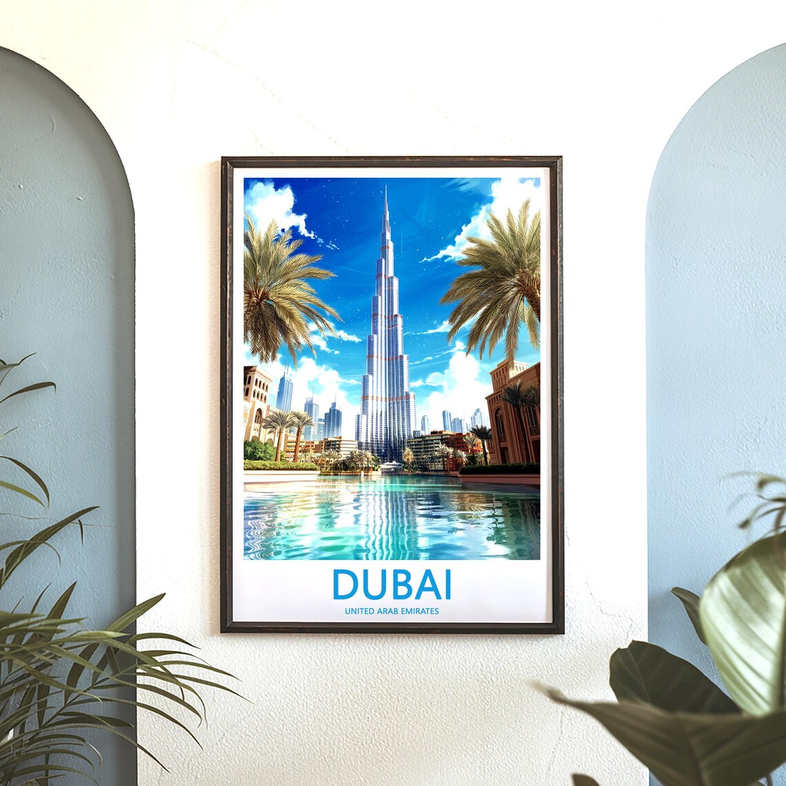 Dubai Burj Khalifa Illustrated Lake Palm Fronds Travel Poster - Image 3