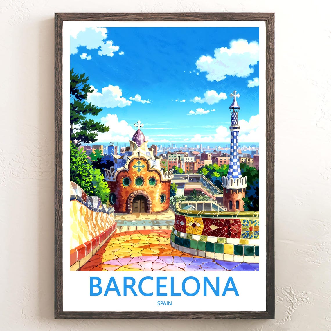 Barcelona Park Güell Mosaic Terrace Garden View Anime Poster