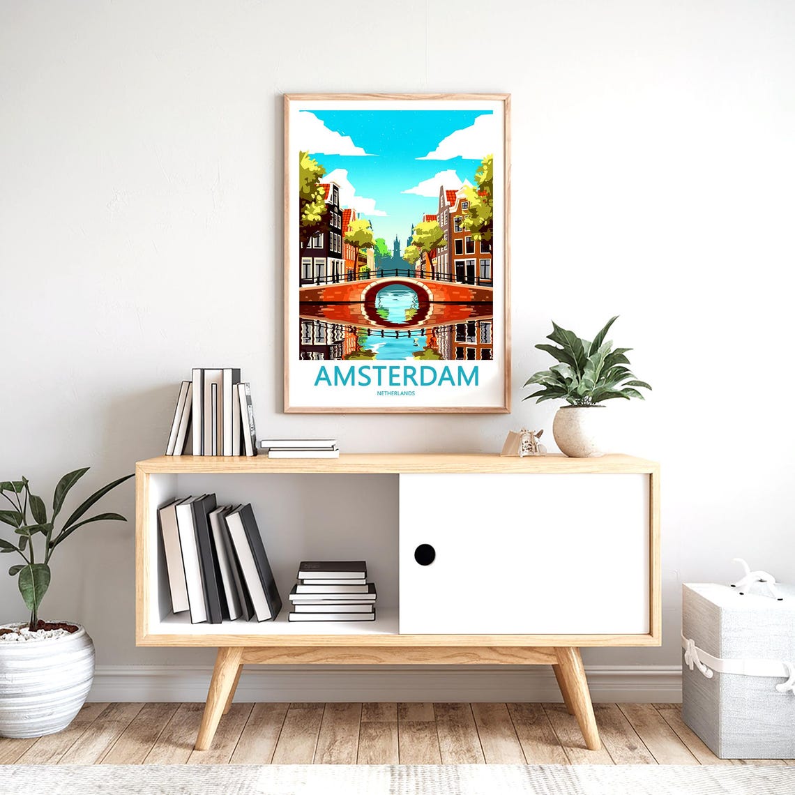 Amsterdam Retro Brick Bridge Canal Reflection Vector Art Poster - Image 2