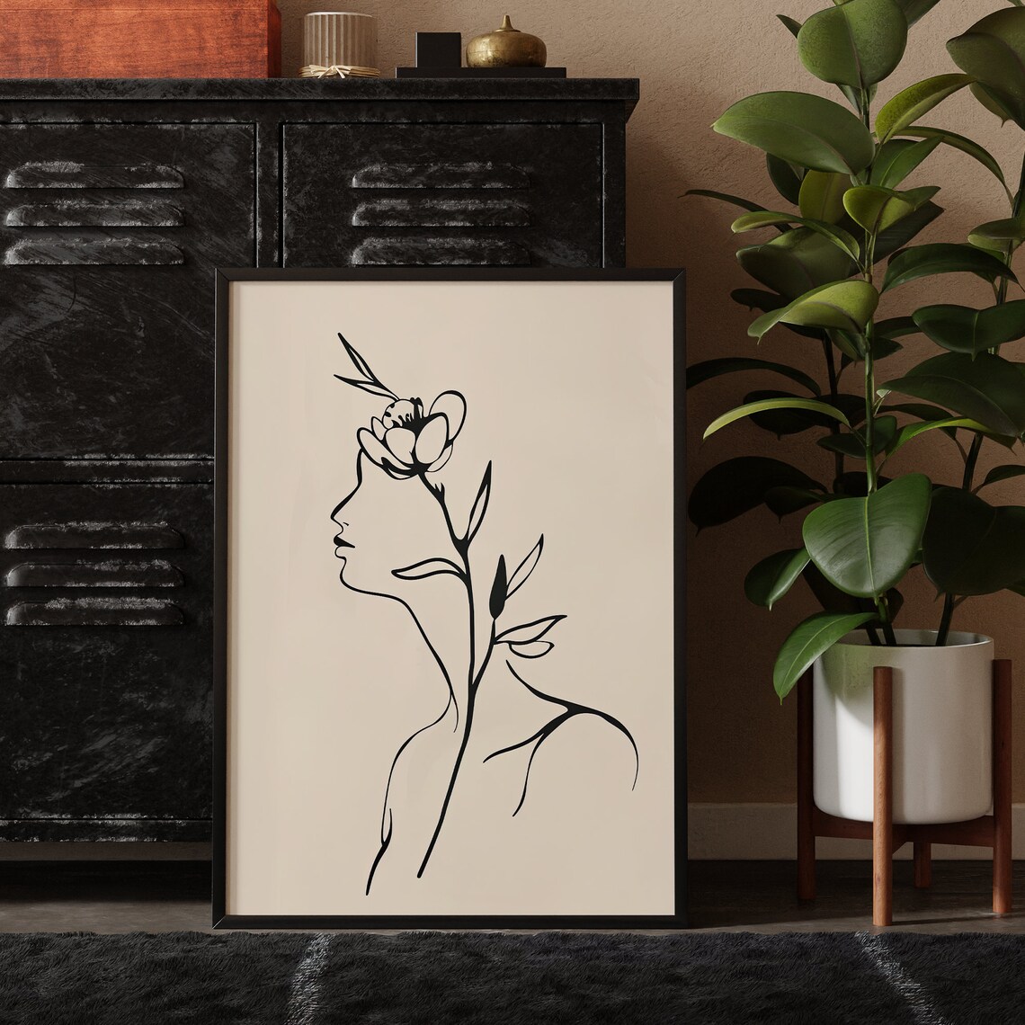 Minimalist Line Art Woman Profile with Flower Beige Art Poster - Image 3