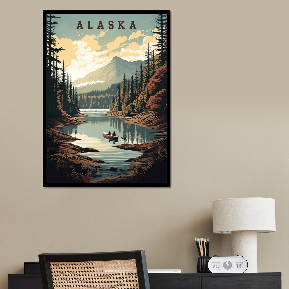 Alaska Retro Travel Poster with Canoe Mountain Lake Pine Forest - Image 6