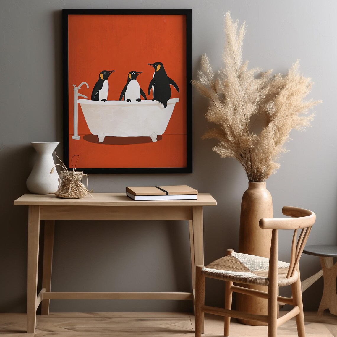 Penguins In Bathtub Funny King Penguin Bath Orange Bathroom Poster - Image 4