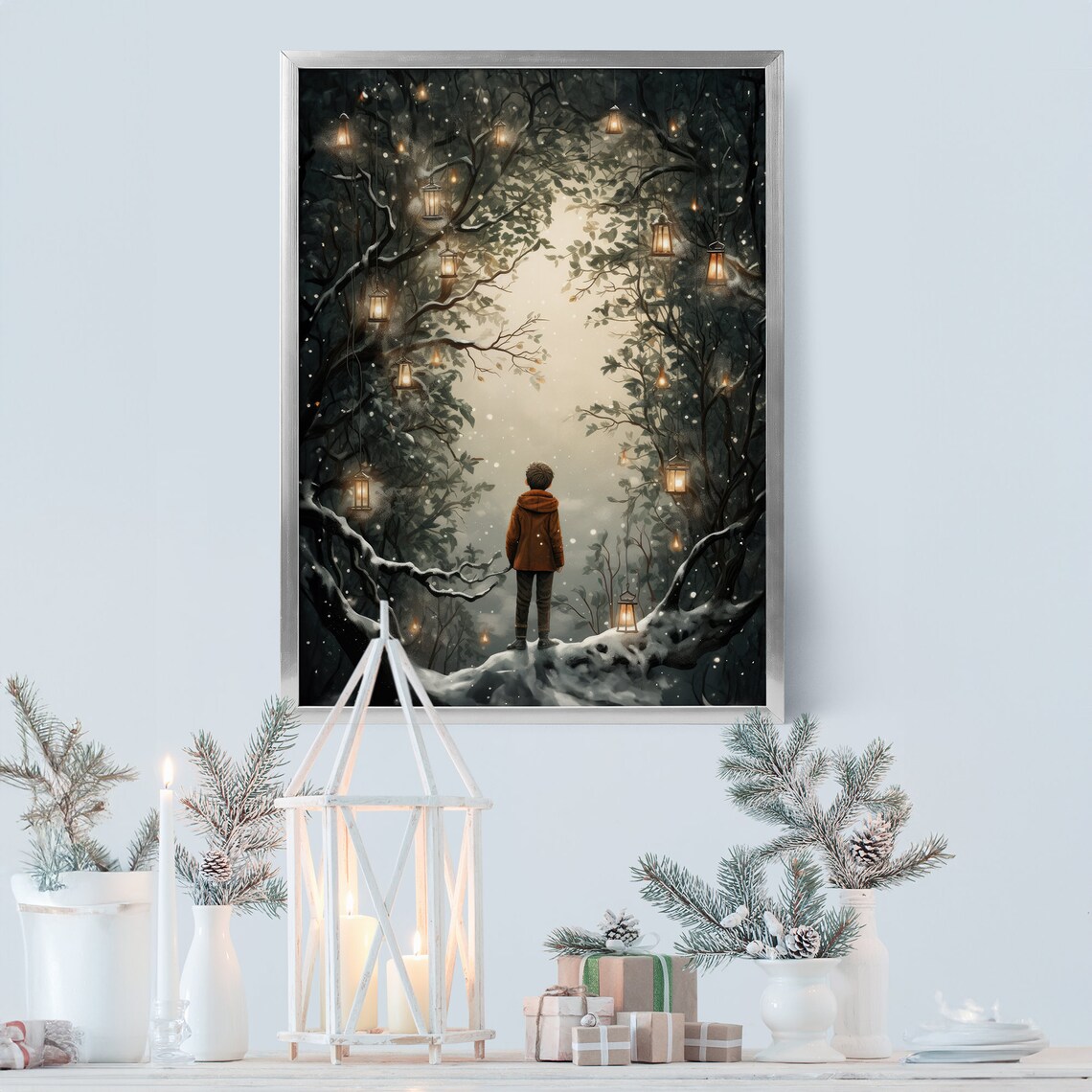 Magical Snowy Forest Lantern Boy Winter Wonderland Scene Poster - Image 3