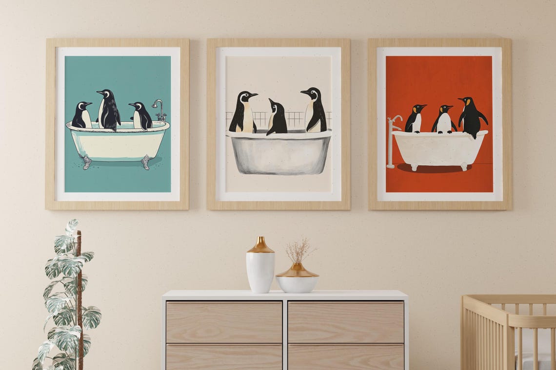 Cute Funny Penguin Bathtub Bathroom Wall Art Trio Set of 3 Humor - Image 6