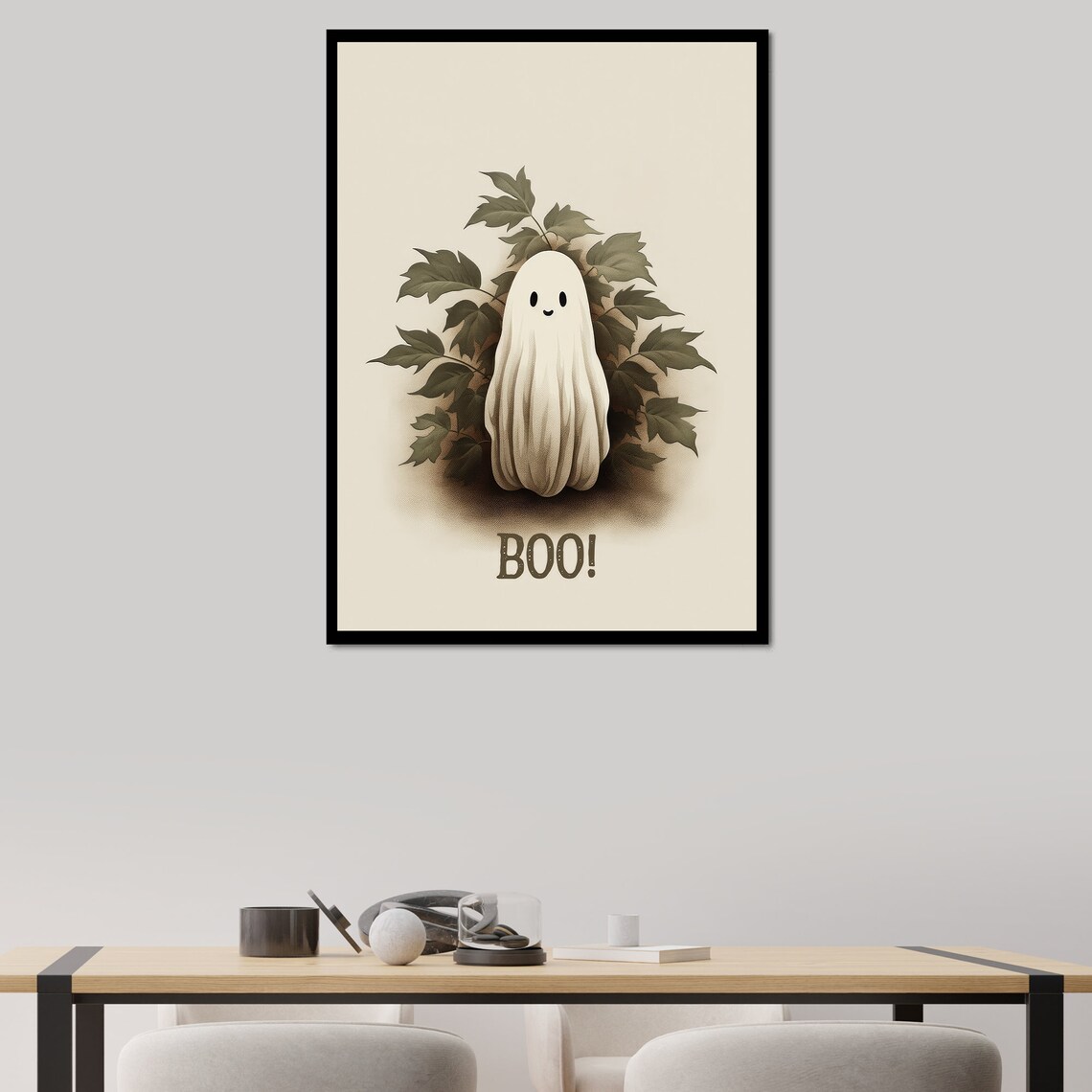 Cute Ghost Boo Vintage Halloween Autumn Leaves Nursery Art Poster - Image 3