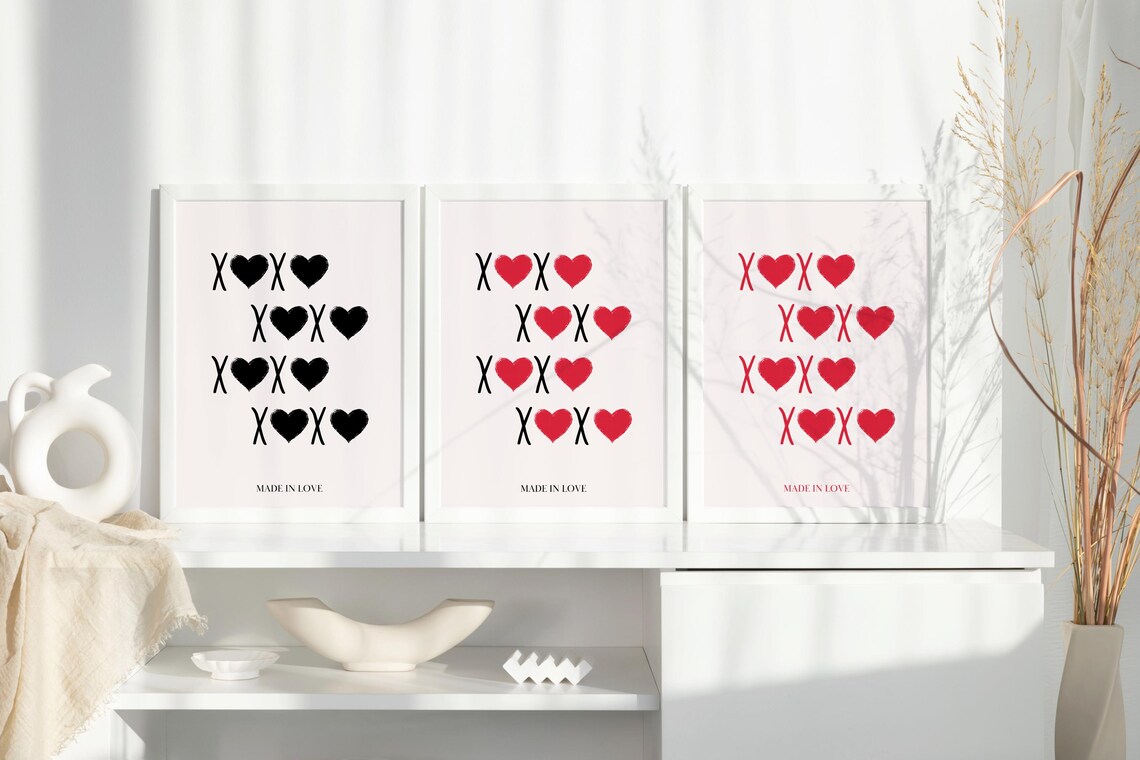 XOXO Hearts Made In Love Typography Poster Set of 3 Red Black - Image 5