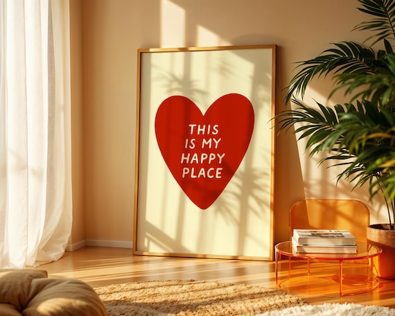 This Is My Happy Place Poster Minimalist Heart Wall Art Positive Quote Cozy Home Decor Instant