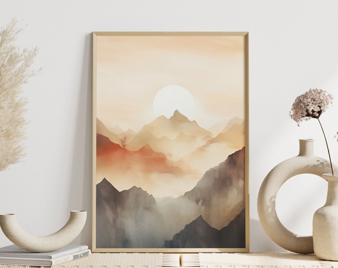Boho Moonlight Mountain Landscape Watercolor Art Print