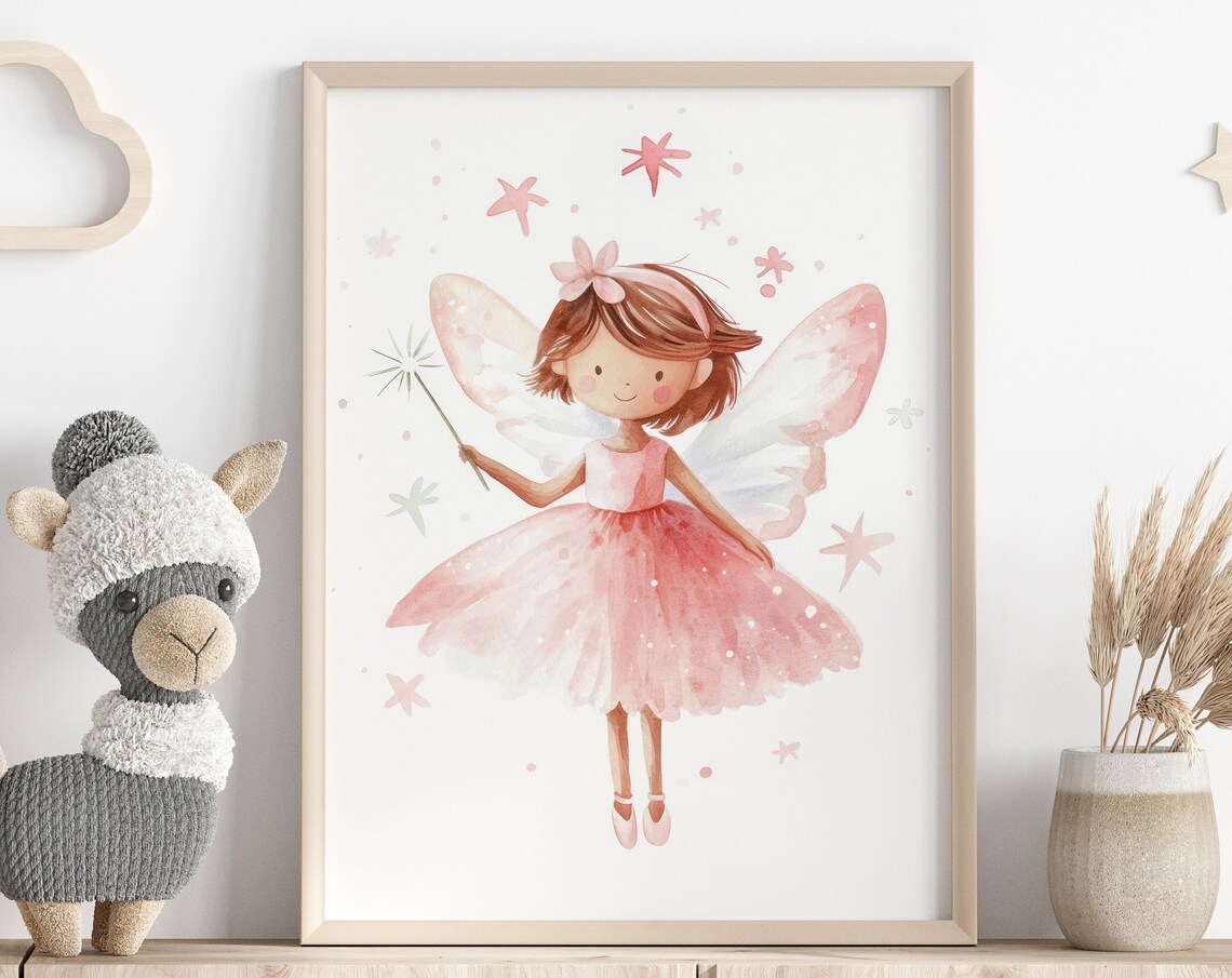 Pink Fairy Girl Watercolor Nursery Cute Kids Room Wall Poster