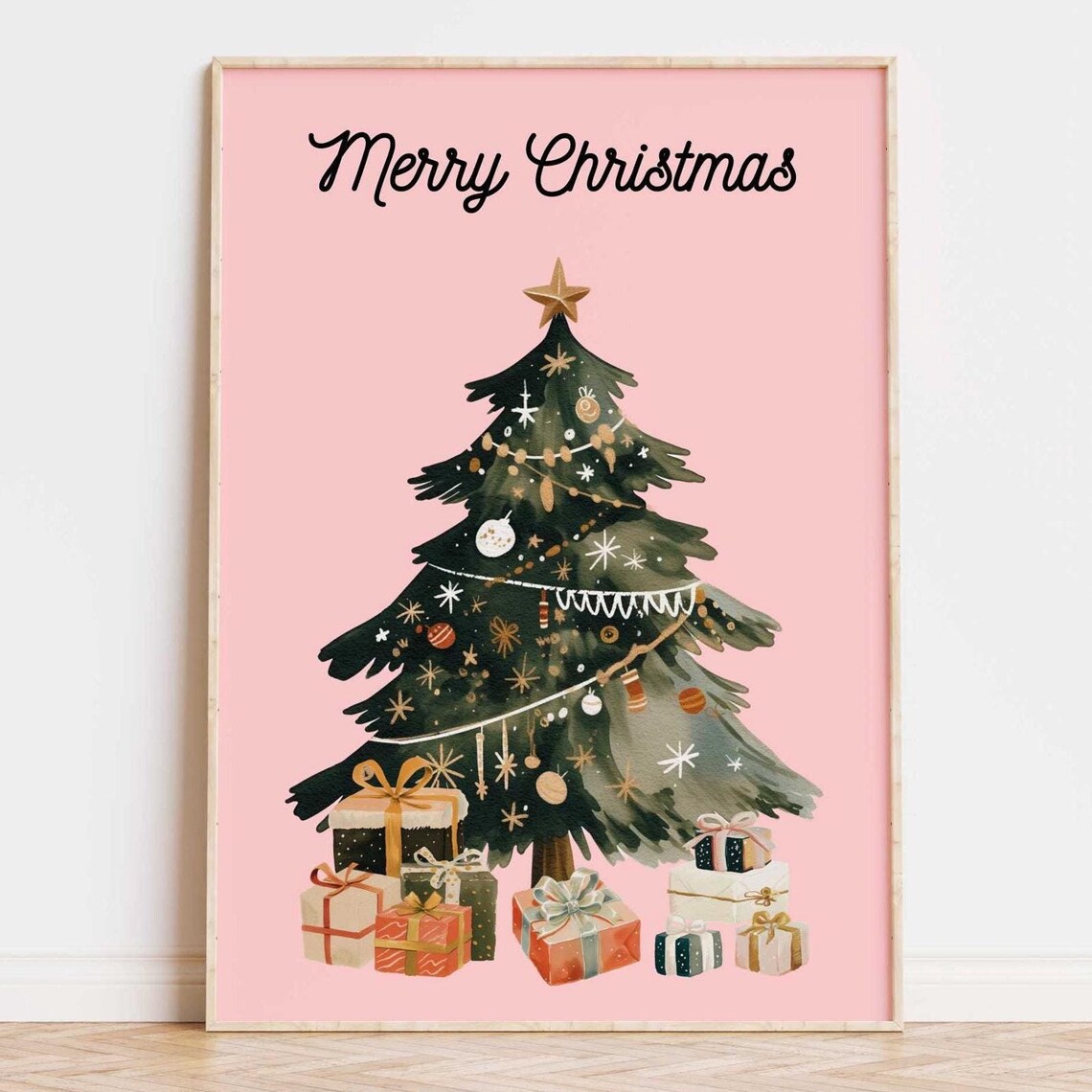 Black Merry Christmas Script Pink Watercolor Tree Gifts Holiday Poster