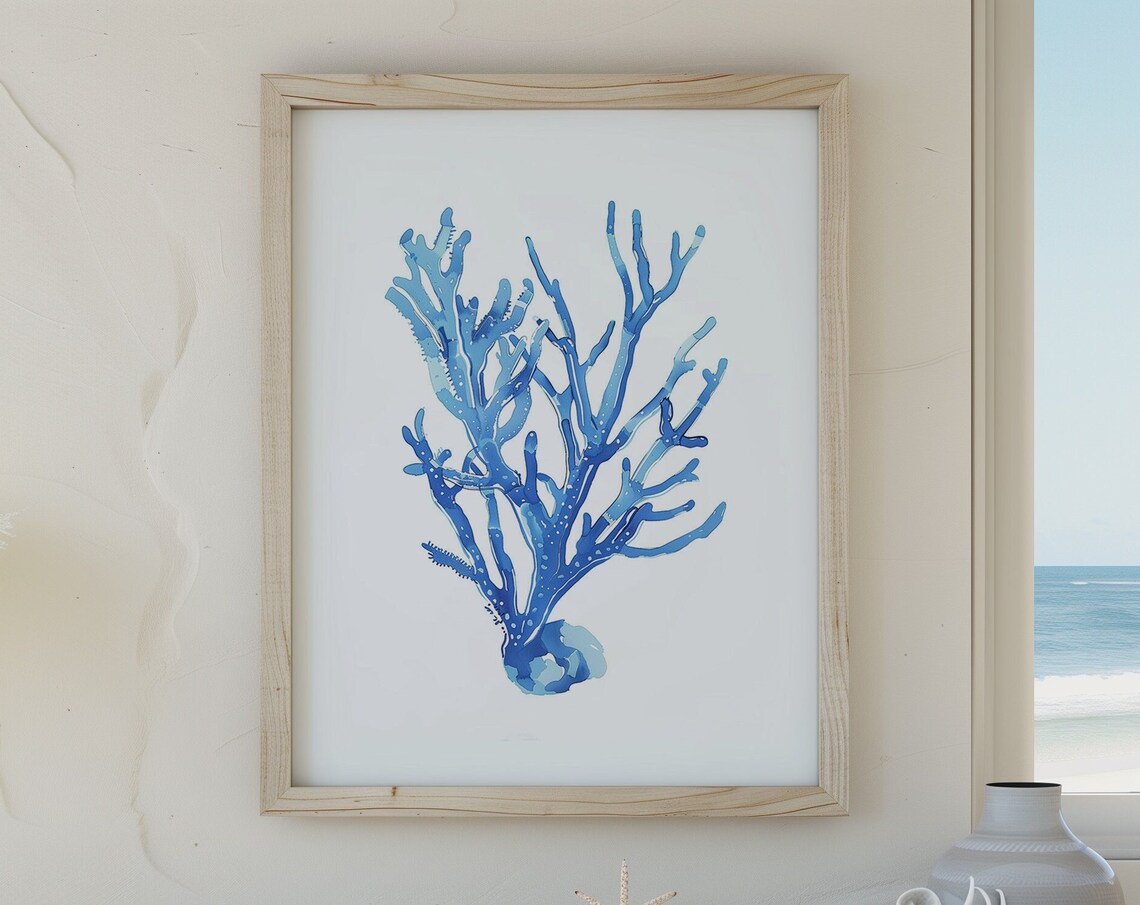Blue Coral Watercolor Coastal Beach House Trendy Ocean Wall Art