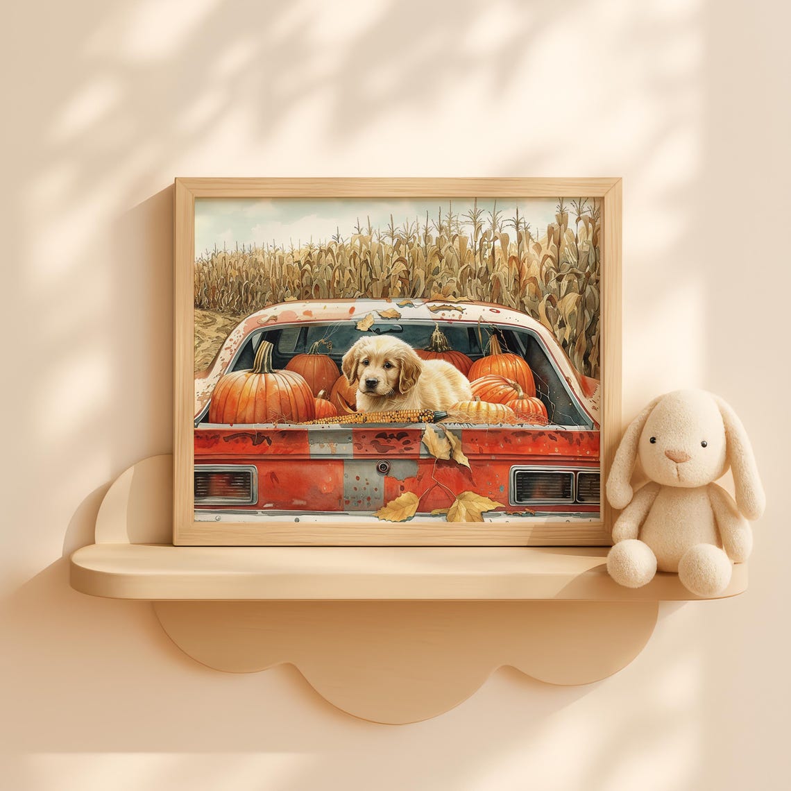 Golden Retriever Puppy Pumpkin Patch Rustic Cozy Fall Dog Wall Art