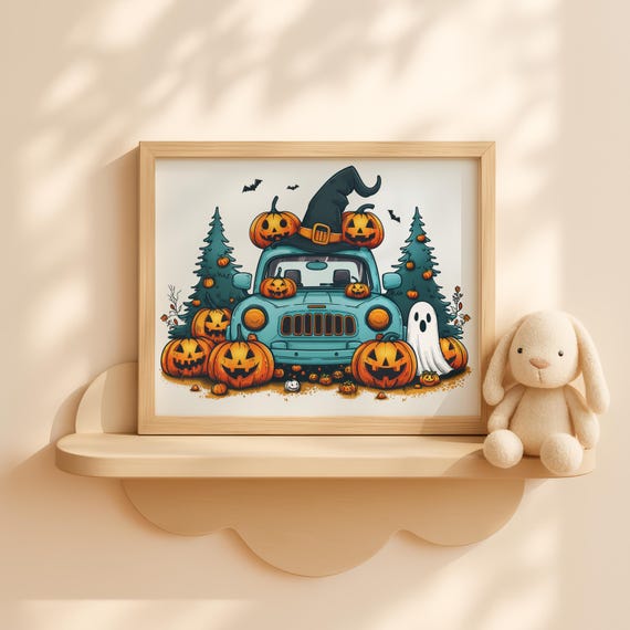 Halloween Car With Witch Hat And Pumpkins Wall Art For Kids Cute Spooky Fall Vehicle Decor Artwork