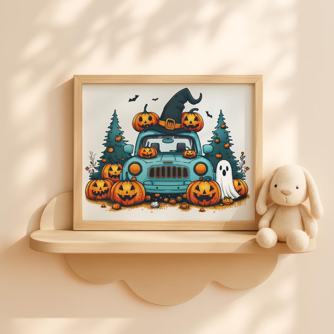 Halloween Car With Witch Hat And Pumpkins Wall Art For Kids Cute Spooky Fall Vehicle Decor Artwork