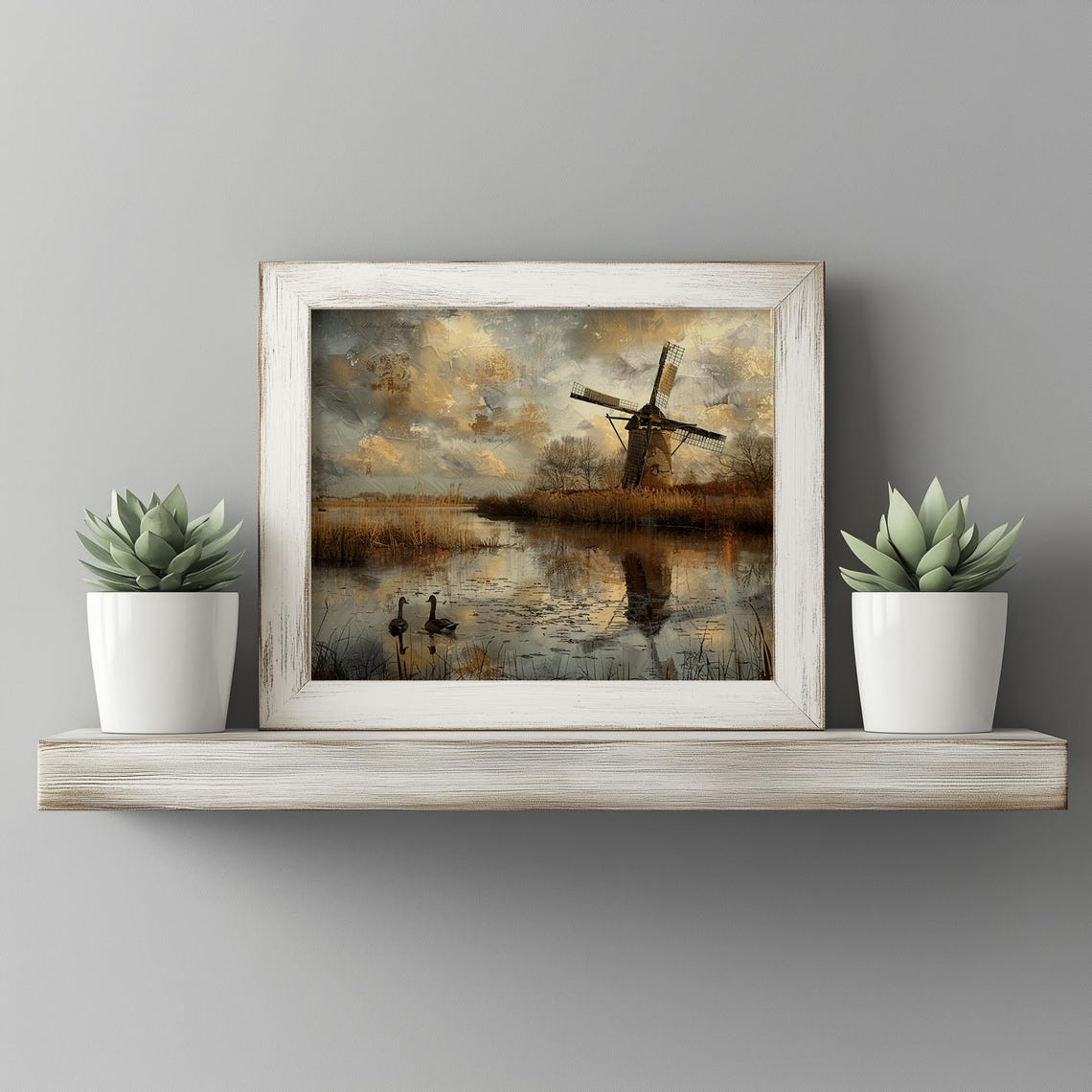Old Windmill By Canal Earthy Dutch Landscape Waterfowl Poster