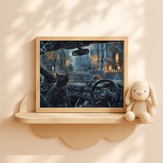 Gothic Cathedral With Cat Halloween Wall Art Dark Architecture Scene Moody Painting Fall Decor