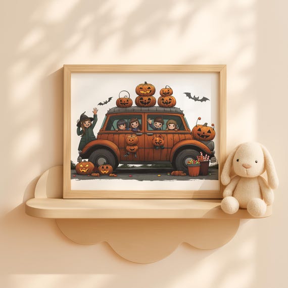 Vintage Halloween Family Car Wall Art With Pumpkins Trick Or Treat Scene Fall For Kids Room Autumn Decor