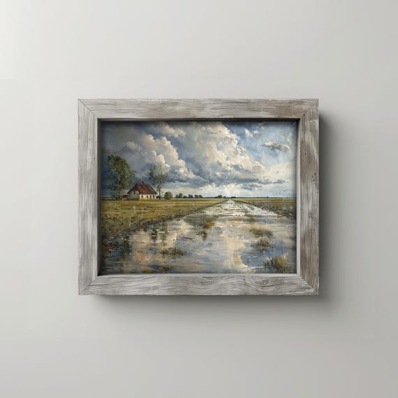 Wide Open Reflective Fields Under Sky Wall Art Rustic Vintage Oil Painting Country Meadow Landscape Decor