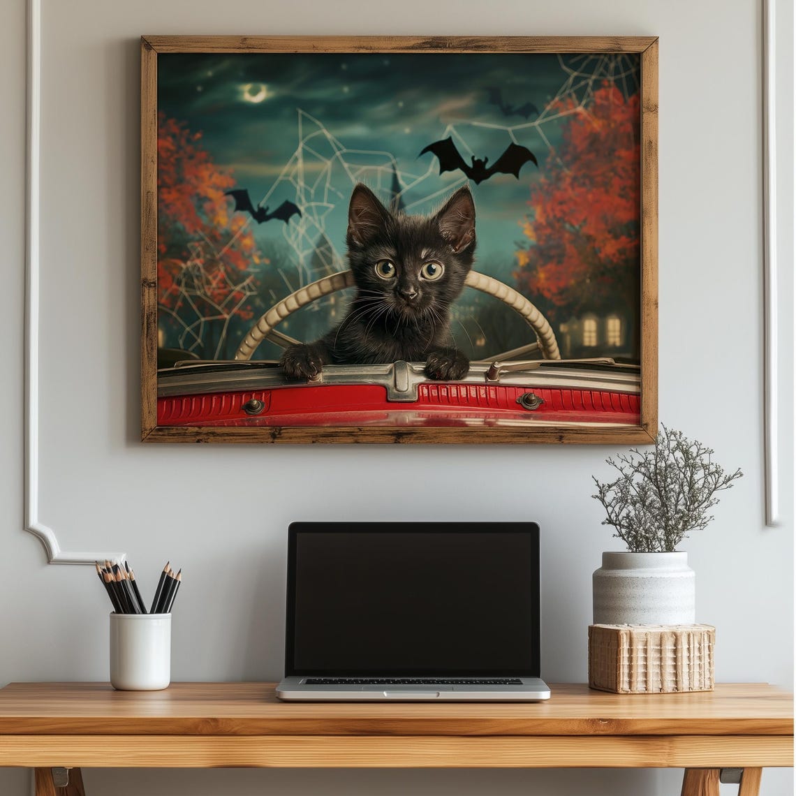 Cute Black Kitten At Wheel Halloween Cat Wall Art Spooky Fall Autumn Night Vintage Decor