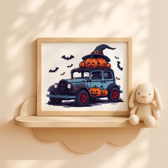 Halloween Car With Witch Hat And Pumpkins Wall Art For Kids Cute Spooky Fall Vehicle Decor Artwork