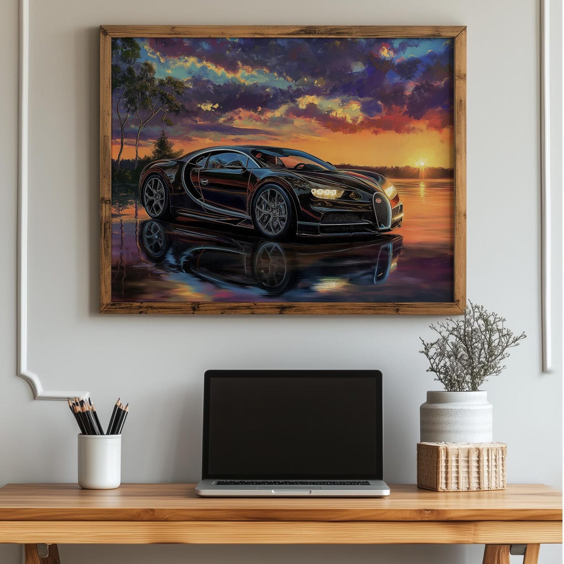 Black Bugatti Chiron Hypercar at Sunset With Mirror Reflection Poster