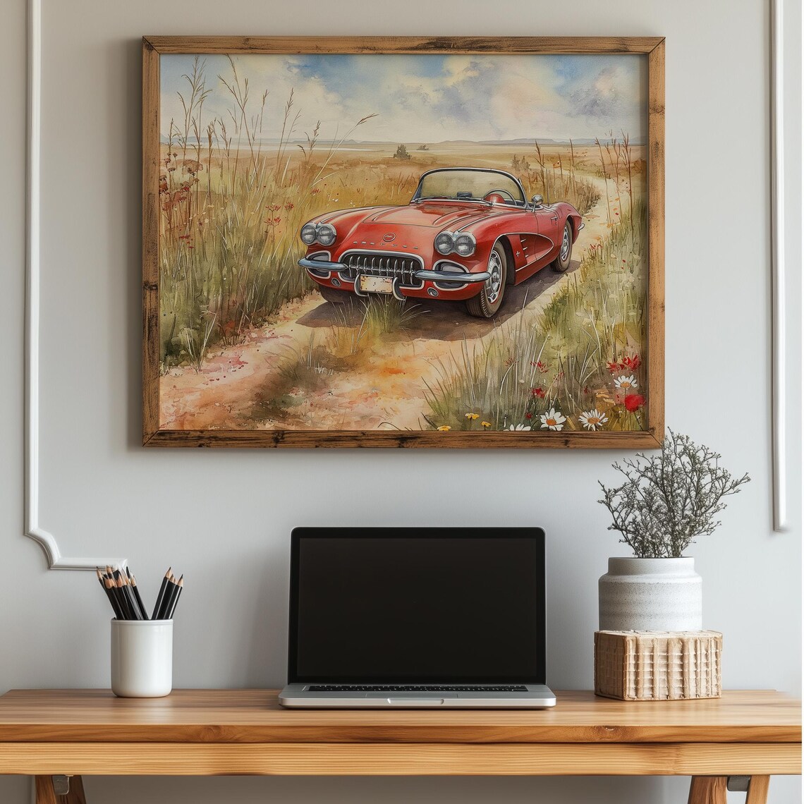 Classic Red Chevrolet Corvette Convertible Watercolor Country Poster