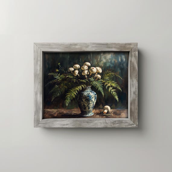 Classical Oil Painting Of Forest Fern Bouquet In Vase Vintage Wall Art Earthy Botanical Decor Rustic Nature Print