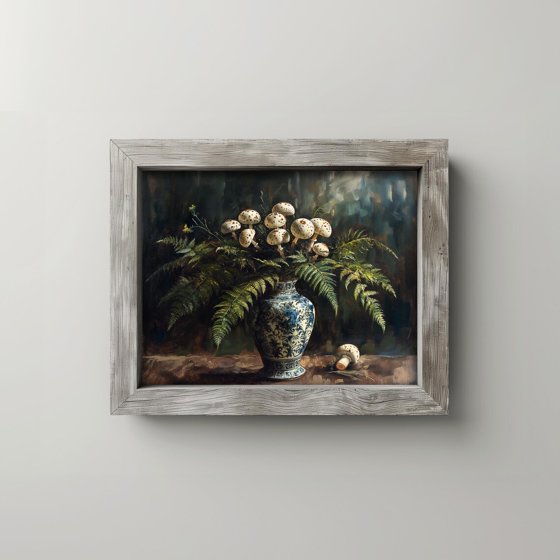 Mushroom Bouquet Still Life Painting Ferns Porcelain Vase Print