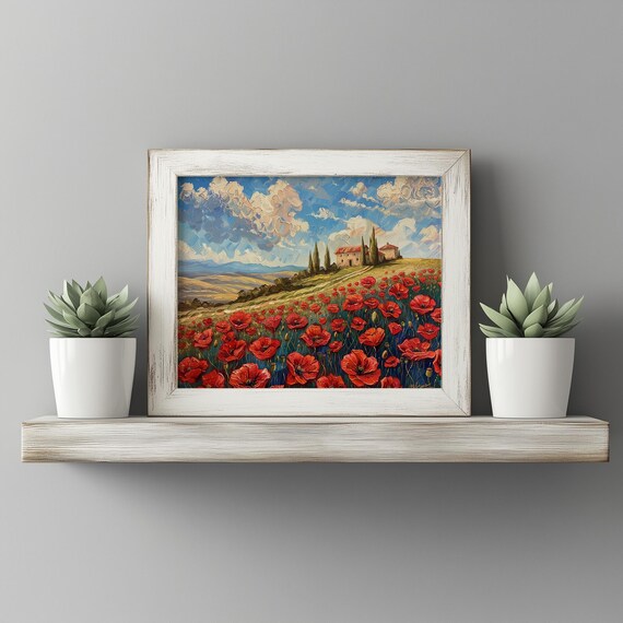 Red Poppies Field Tuscan Farmhouse Hill Impasto Flower Art Poster