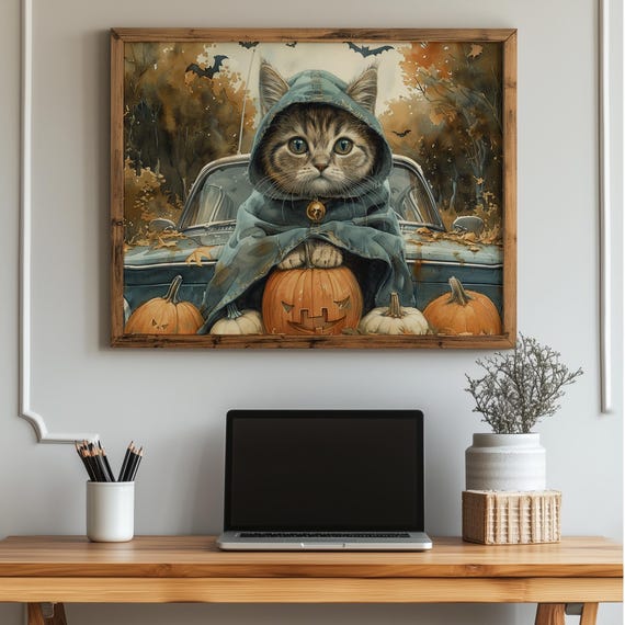 Tabby Kitten In Vampire Cape Driving A Pumpkin Car Halloween Cat Art Vintage Fall Wall Decor Spooky