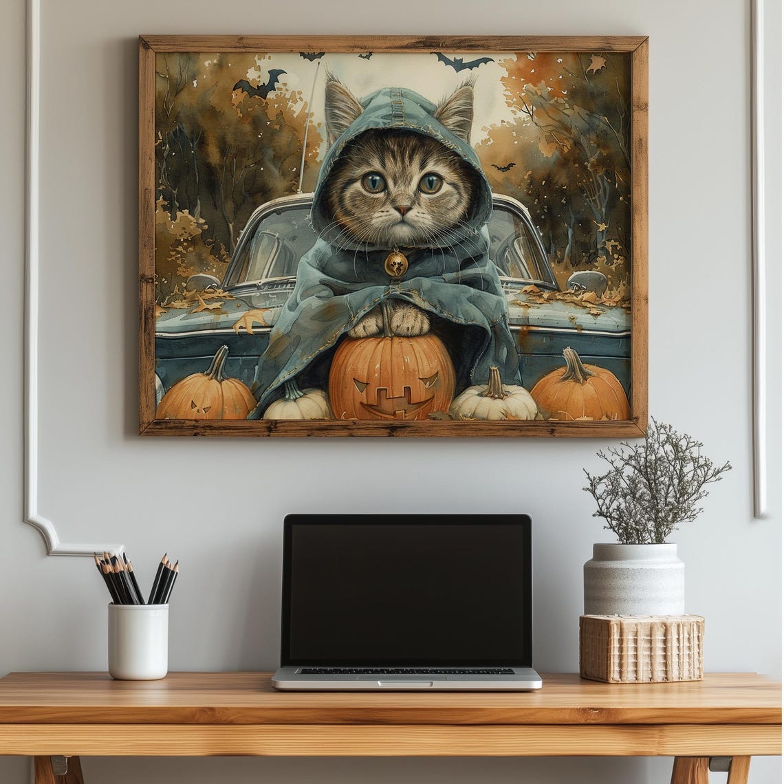Tabby Kitten In Vampire Cape Driving A Pumpkin Car Halloween Cat Art Vintage Fall Wall Decor Spooky