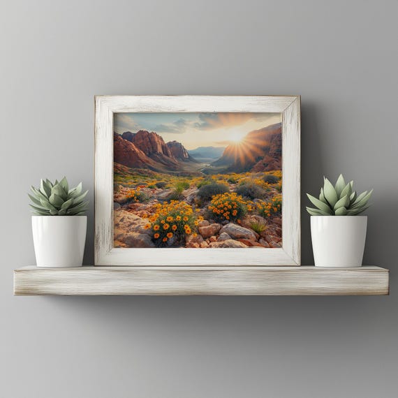 Red Rock Canyon With Vibrant Desert Blooms Sunset Landscape Rustic Nature Wall Art Warm Earthy Decor Print