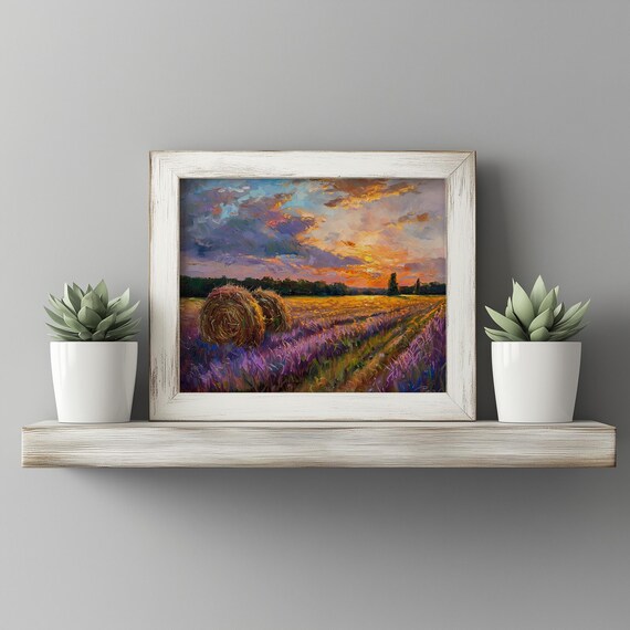 Haystacks In Lavender Field At Sunset Rustic Farm Landscape Painting Country Autumn Wall Art Moody Decor Scene